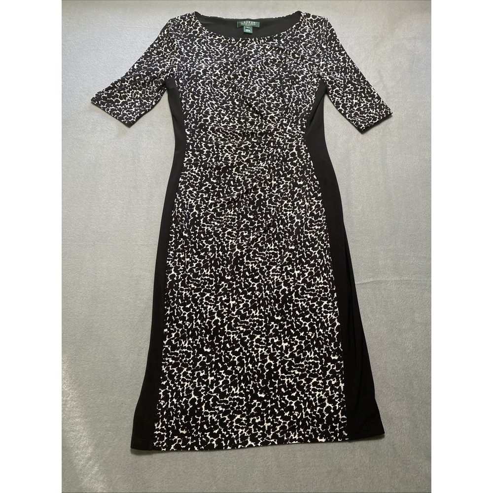 Lauren Ralph Lauren Black White Side Ruched Stretch Knit Career Sheath Size ‎ 6